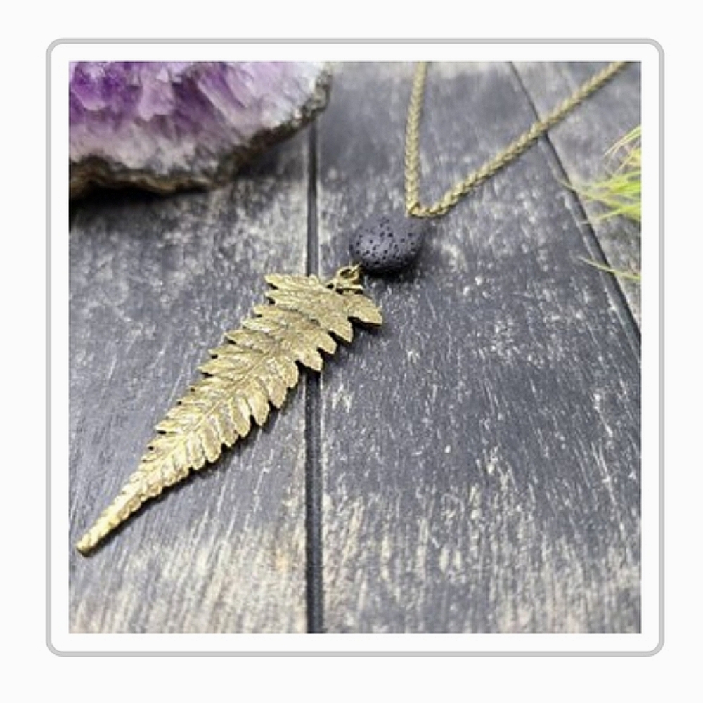 Goldish Bronze Fern Pendant Necklace with Volcanic Rock Stone for Essential Oils